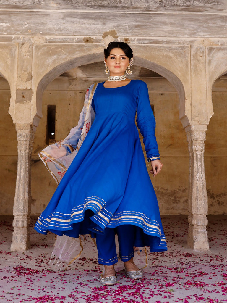 Women's Solid blue anarkali suit set with hand painted organza dupatta