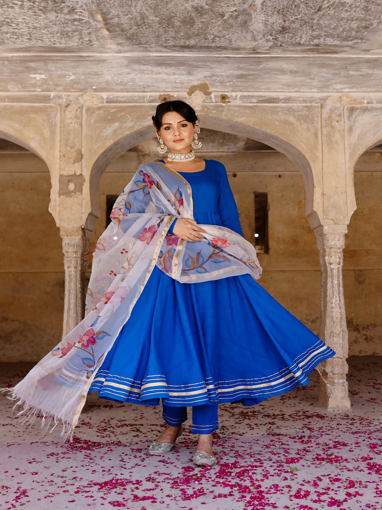 Women's Solid blue anarkali suit set with hand painted organza dupatta