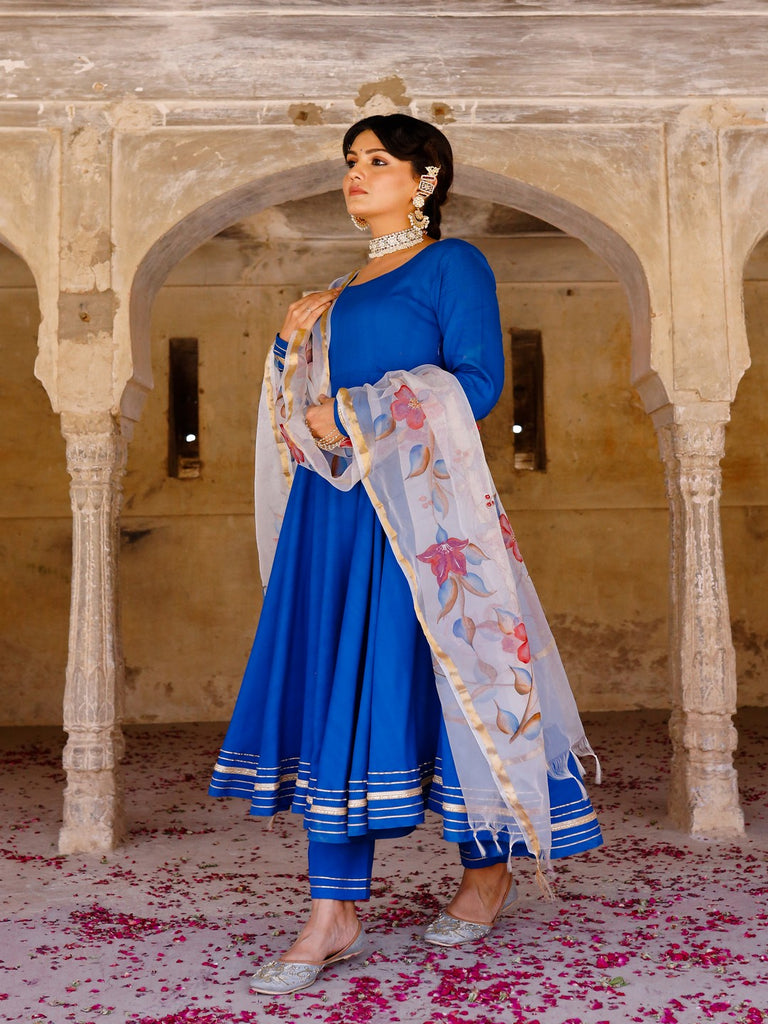 Women's Solid blue anarkali suit set with hand painted organza dupatta