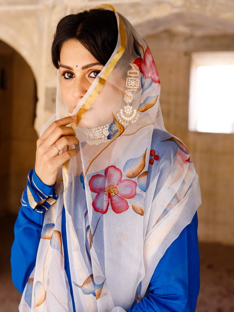 Women's Solid blue anarkali suit set with hand painted organza dupatta