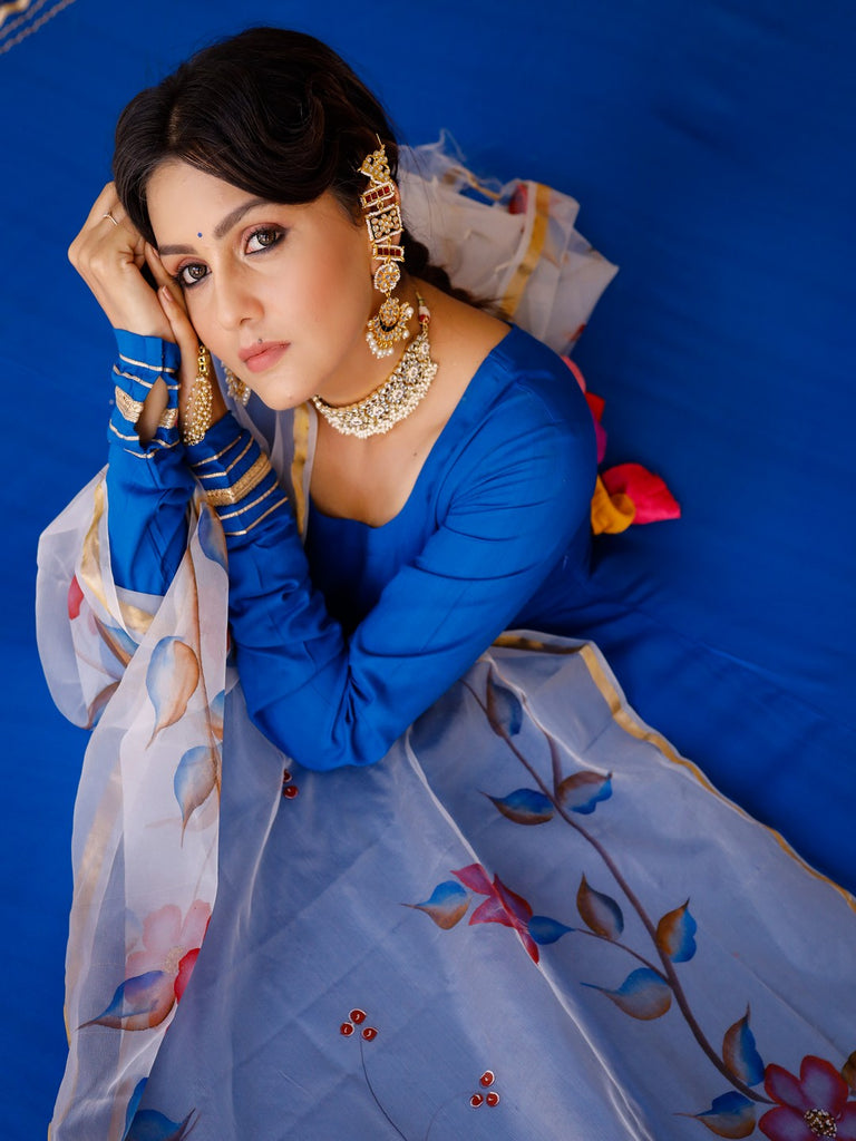 Women's Solid blue anarkali suit set with hand painted organza dupatta