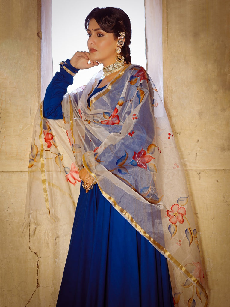 Women's Solid blue anarkali suit set with hand painted organza dupatta