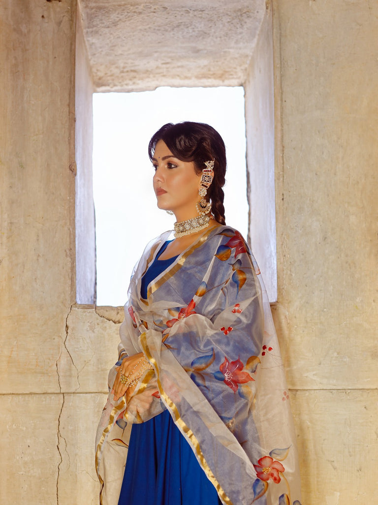 Women's Solid blue anarkali suit set with hand painted organza dupatta