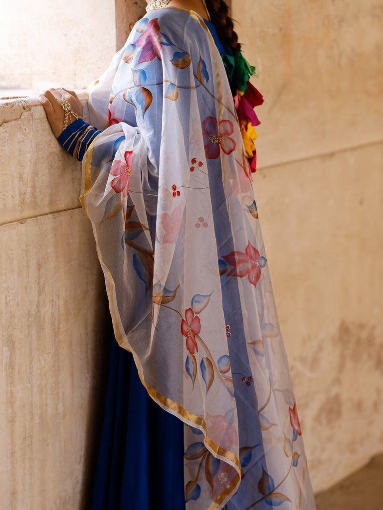 Women's Solid blue anarkali suit set with hand painted organza dupatta