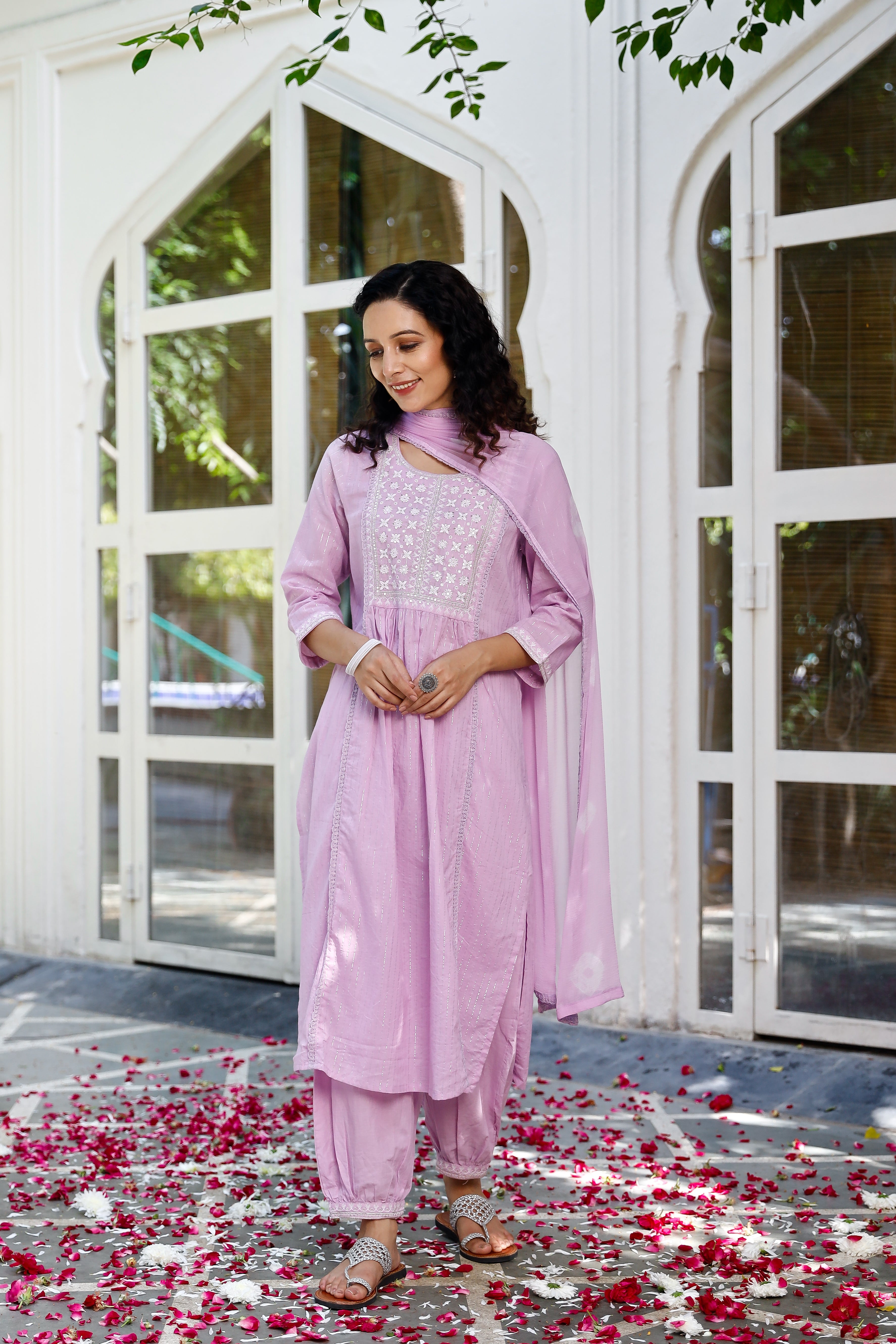 Women's Purple Cotton Embroidered Straight Salwar Suit Set - Pheeta