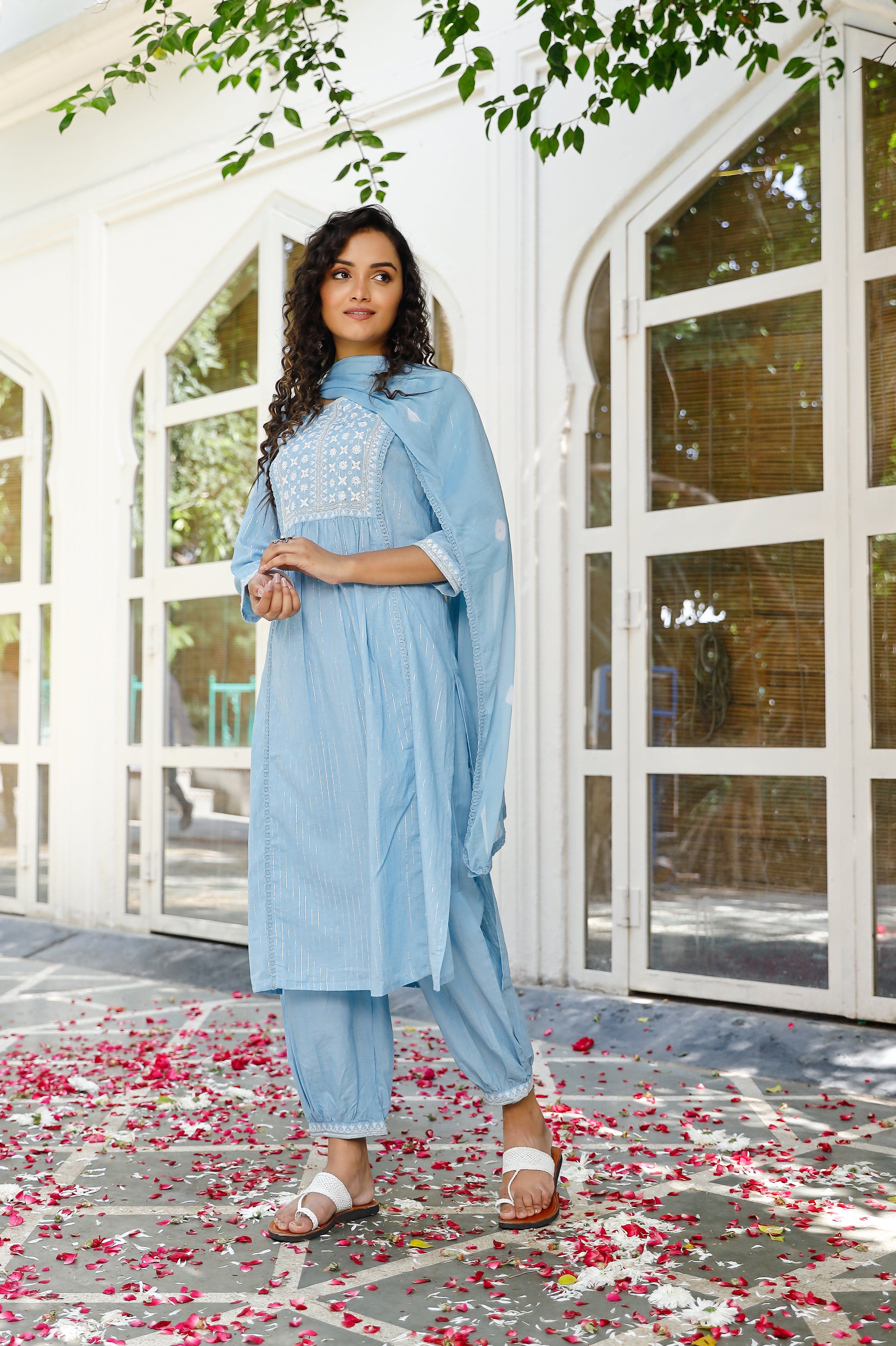 Women's Light Blue Cotton Embroidered Straight Salwar Suit Set - Pheeta