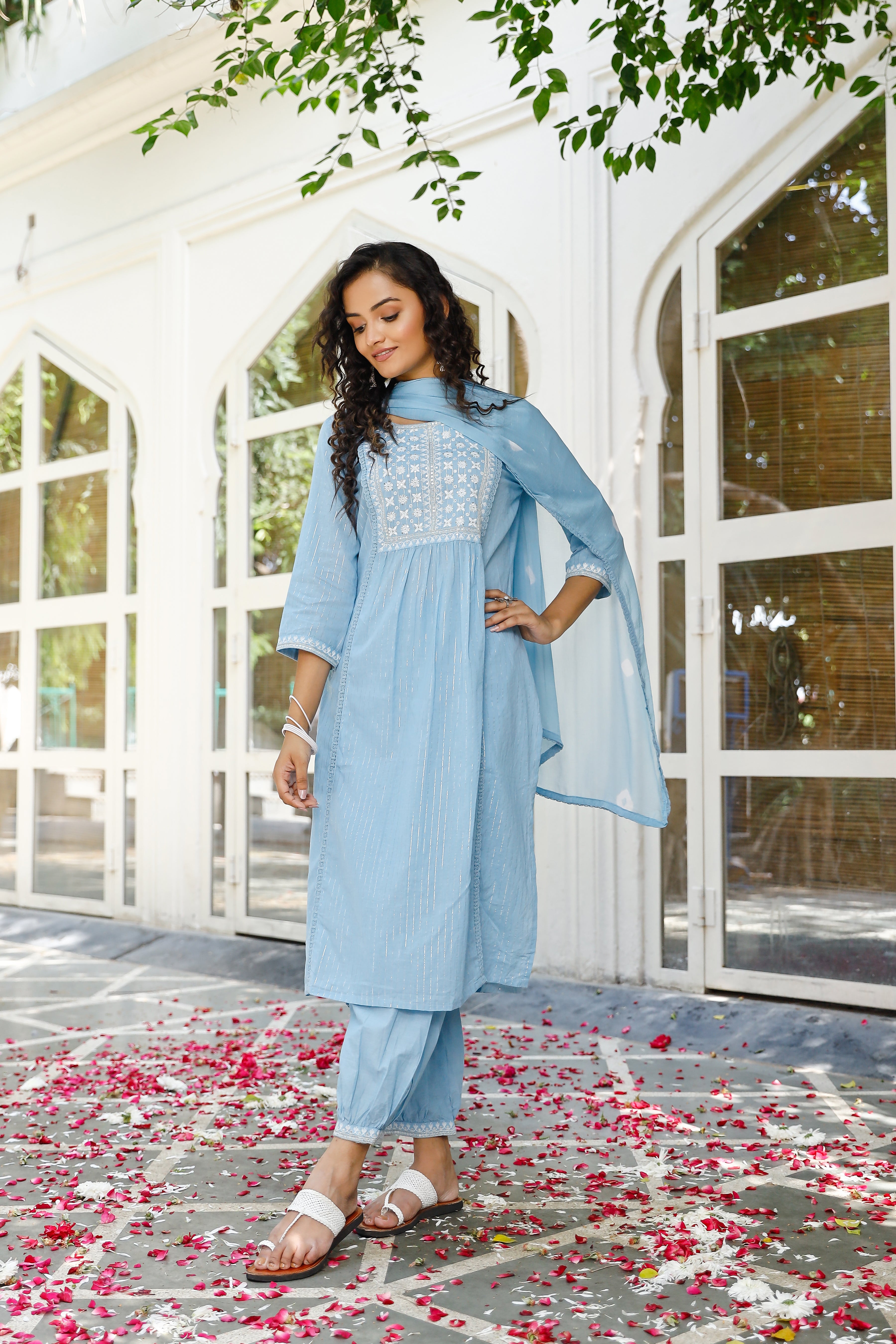 Women's Light Blue Cotton Embroidered Straight Salwar Suit Set - Pheeta