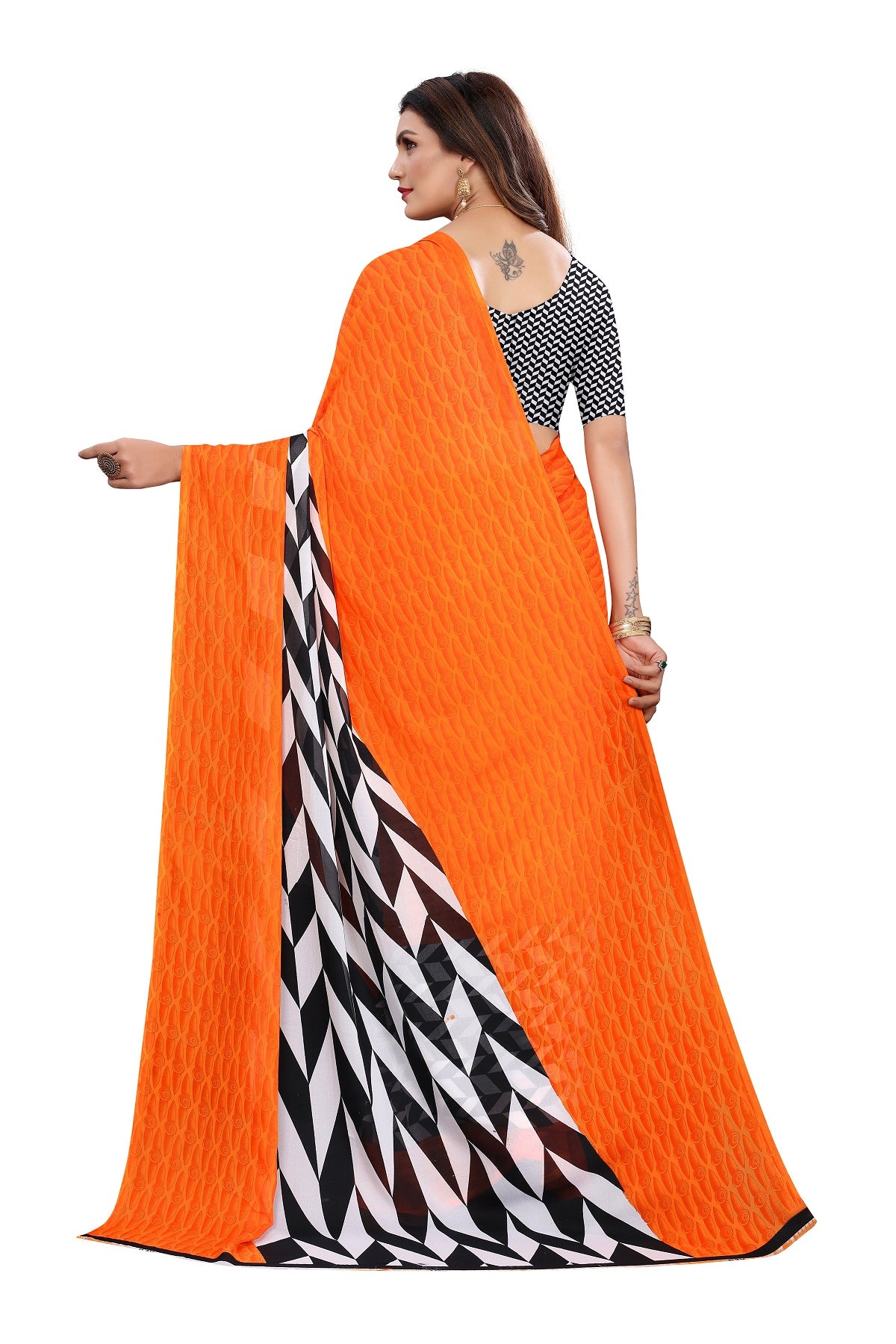 Women's Orange Printed Georgette Saree - Vamika