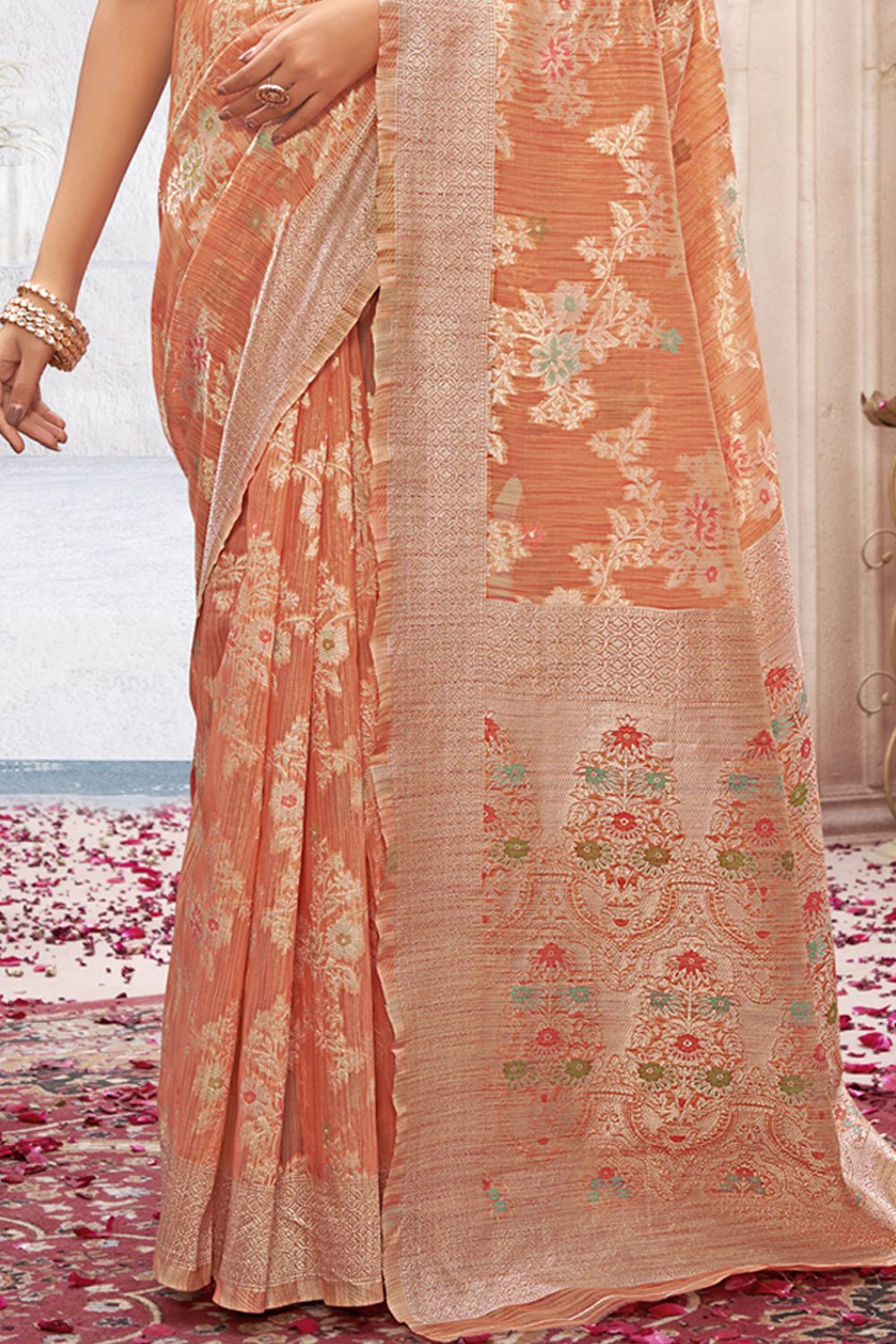 Women's Orange Cotton Silk Woven Zari Work Traditional Saree - Sangam Prints