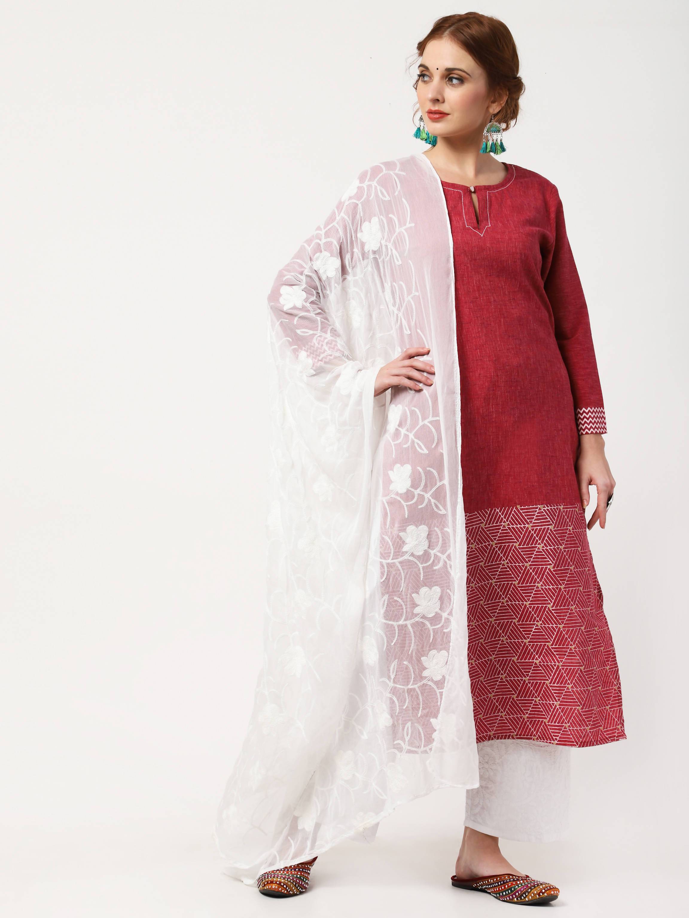 Women's Maroon & White Khadi Cotton Kurta With Chikankari Palazzo & Embroidered Dupatta Set - Cheera