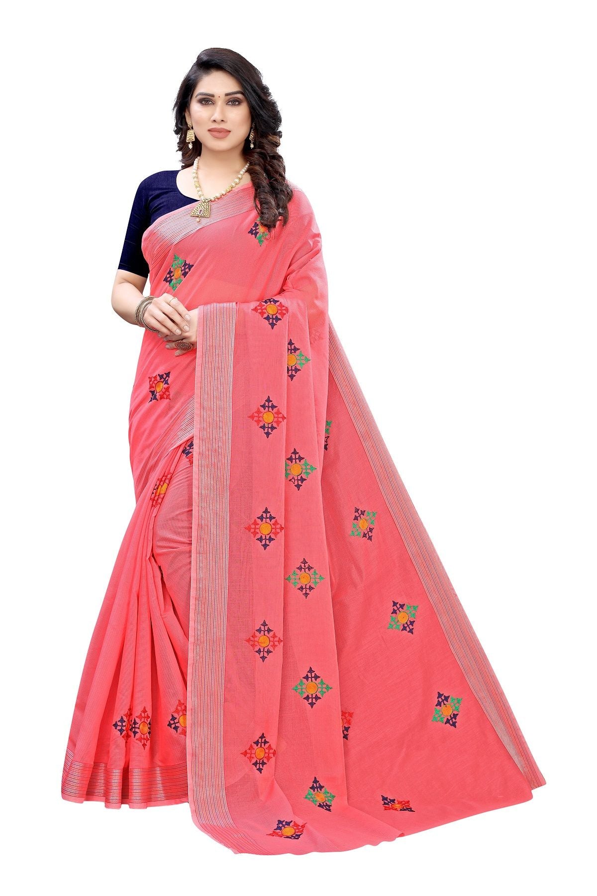 Women's Vamika Chanderi Cotton Embroidery Red Saree-Dixa Red - Vamika