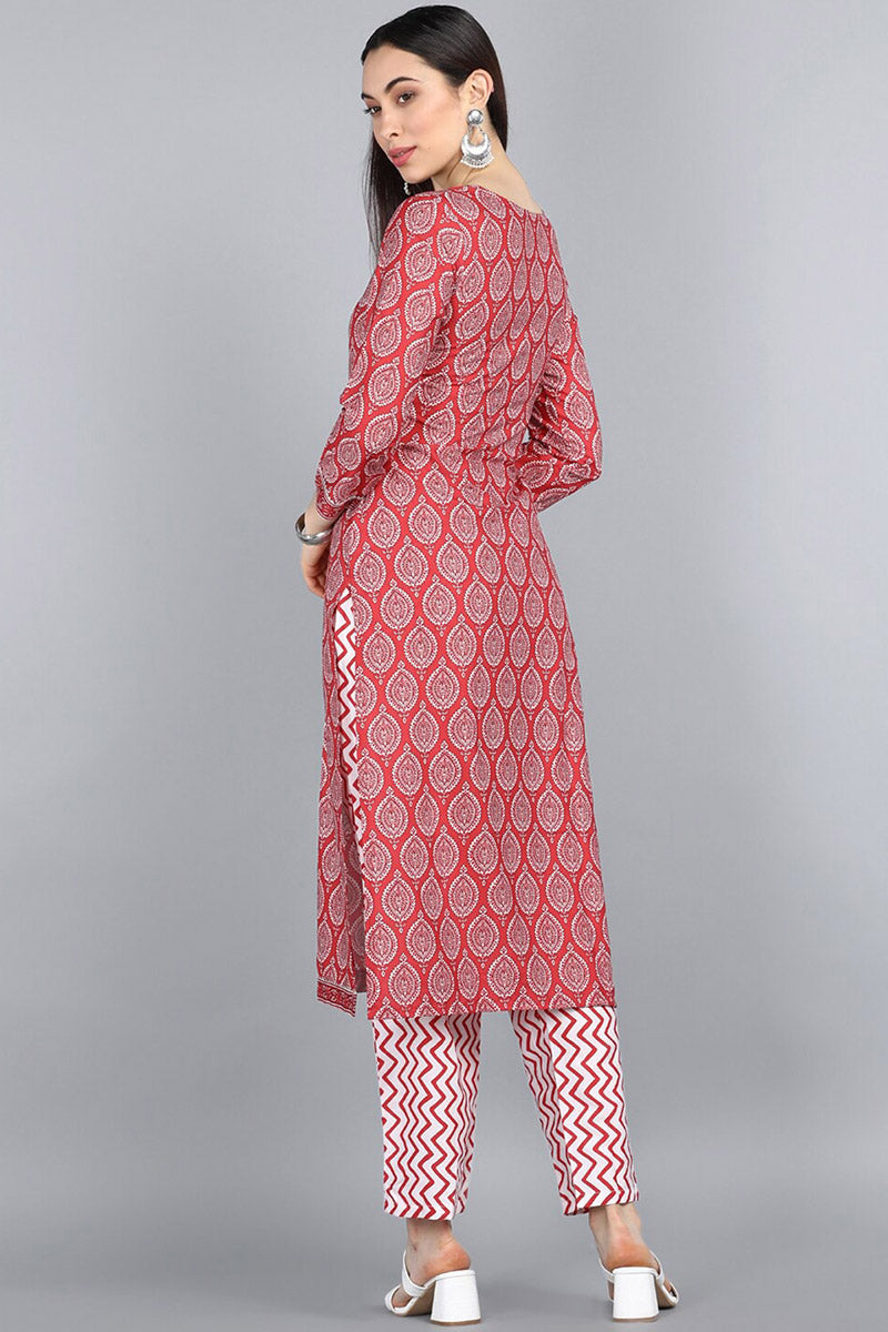 Women's Red Printed Regular Straight Kurta With Pants - Ahika