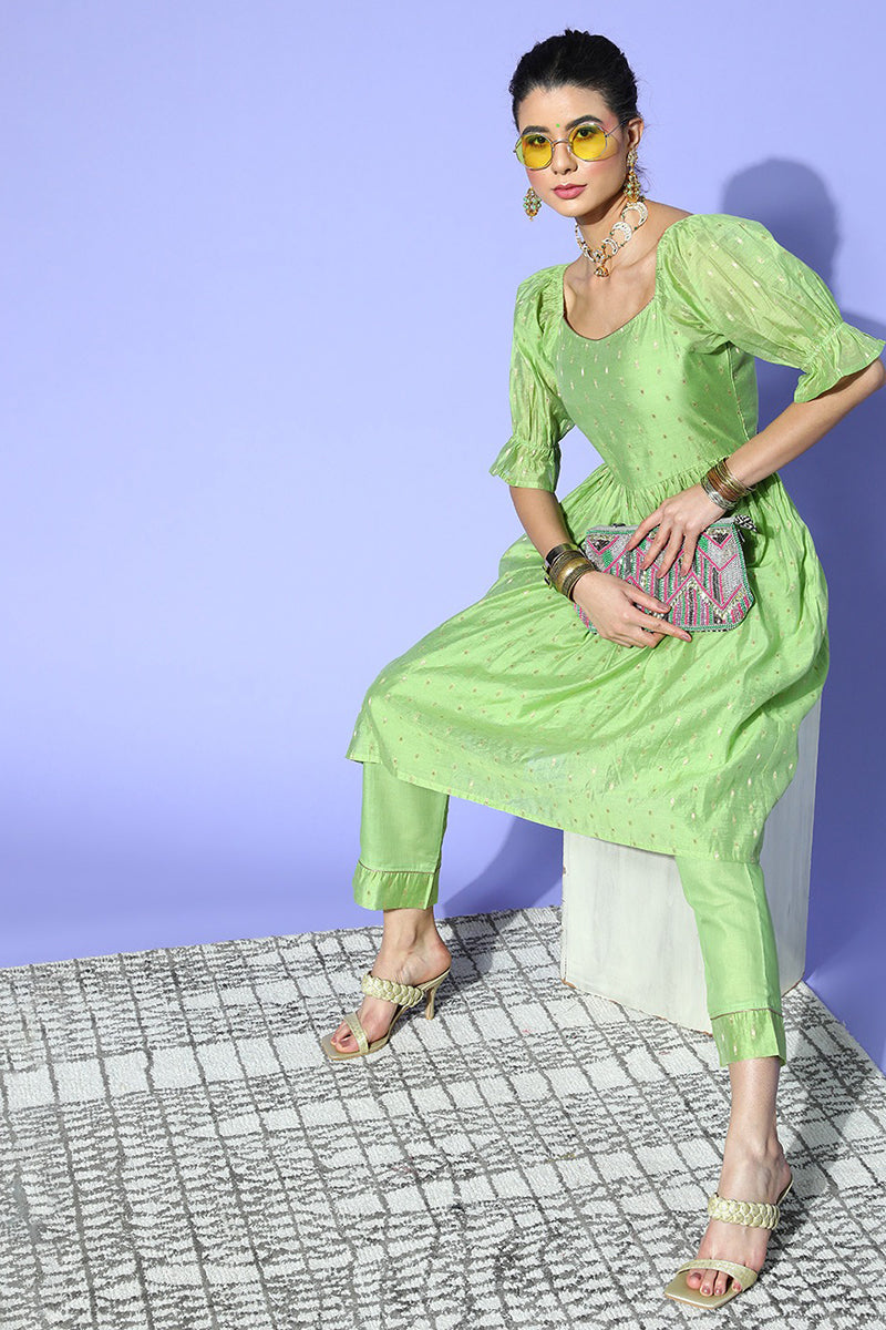 Women's Woven Design Poly Chanderi Kurta Pants Set  - Ahika