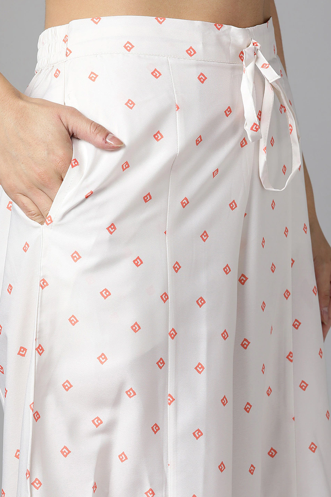 Women's Peach-Coloured White Ethnic Motifs Printed Kurta With Palazzos Dupatta