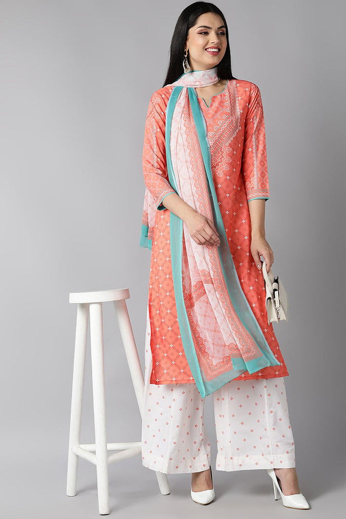 Women's Peach-Coloured White Ethnic Motifs Printed Kurta With Palazzos Dupatta