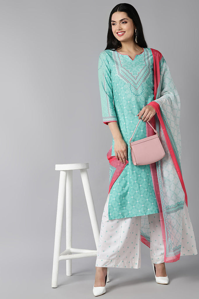 Women's Sea Green Ethnic Motifs Printed Regular Kurta With Palazzos With Dupatta