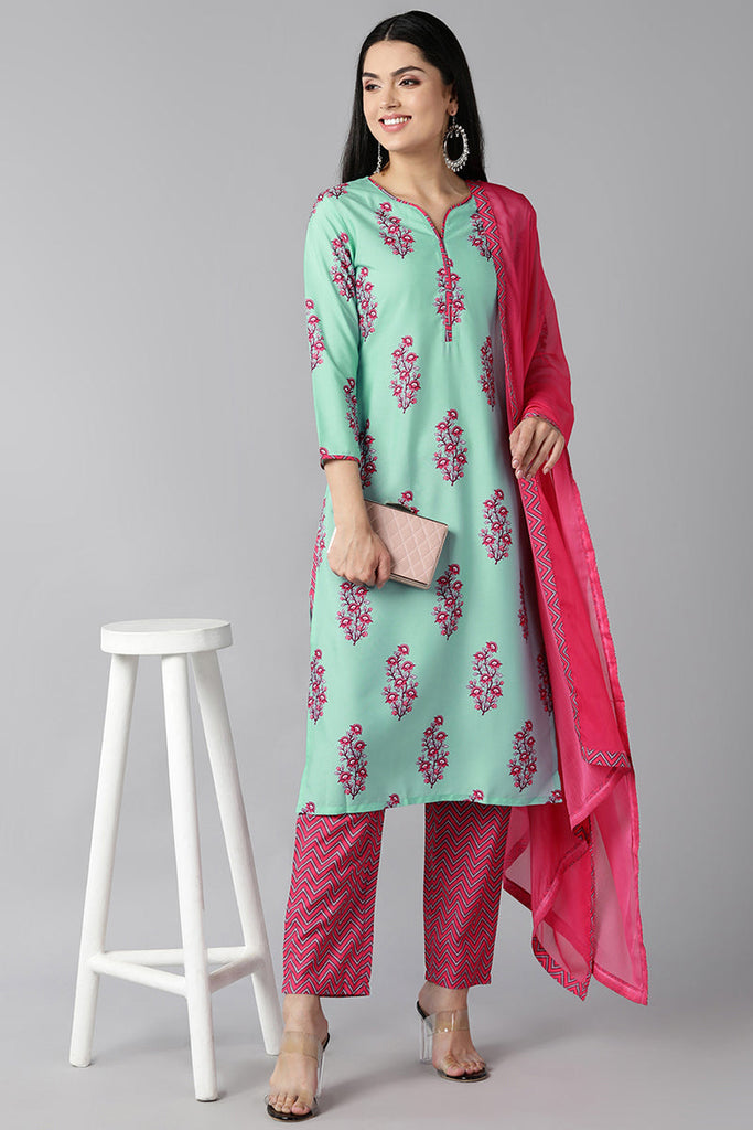 Women's Sea Green Floral Printed Regular Kurta With Pants With Dupatta