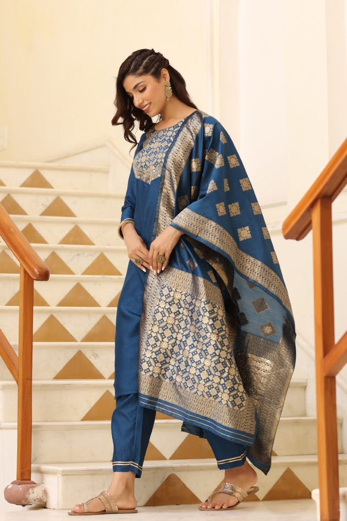 Women's Poly Silk Solid Kurta Pant And Dupatta Set