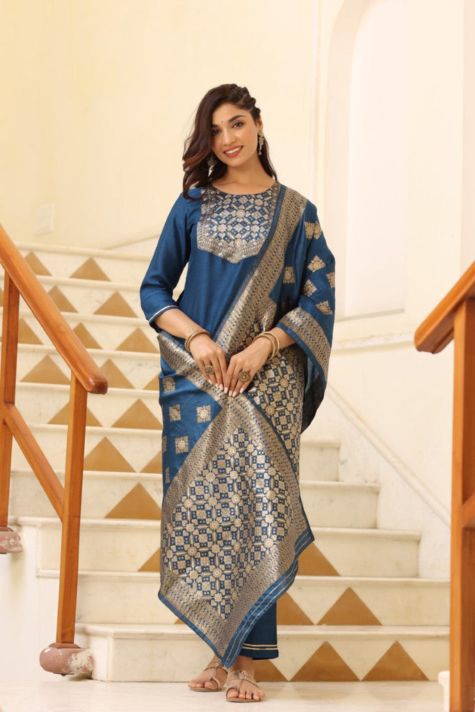 Women's Poly Silk Solid Kurta Pant And Dupatta Set