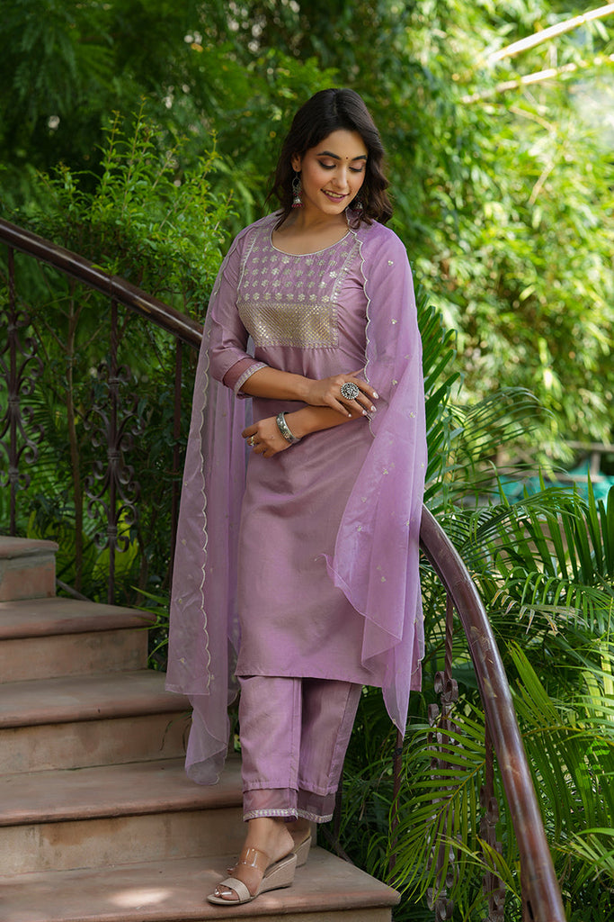 Women's Poly Silk Embroiderd Kurta Pant Dupatta Set