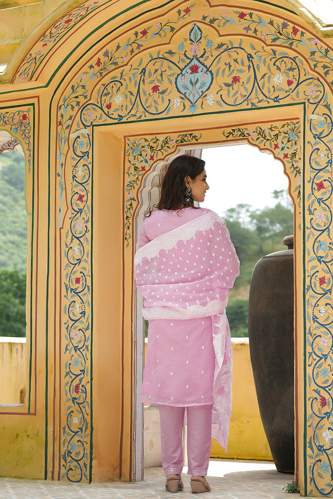 Women's Poly Chanderi Printed Kurta Pant Dupatta Set