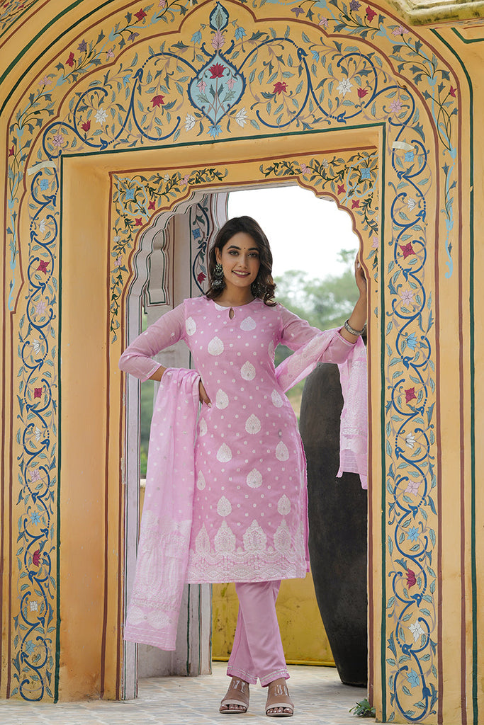 Women's Poly Chanderi Printed Kurta Pant Dupatta Set