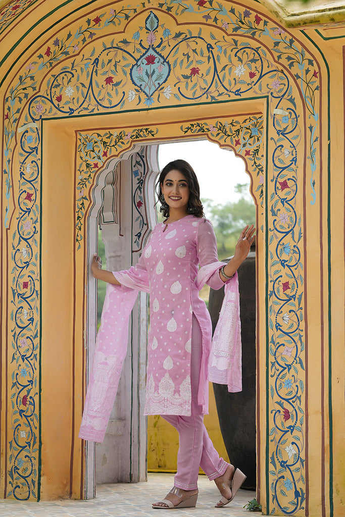 Women's Poly Chanderi Printed Kurta Pant Dupatta Set