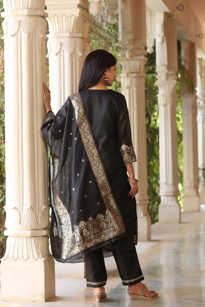 Women's Poly Chanderi Printed Kurta Pant Dupatta Set