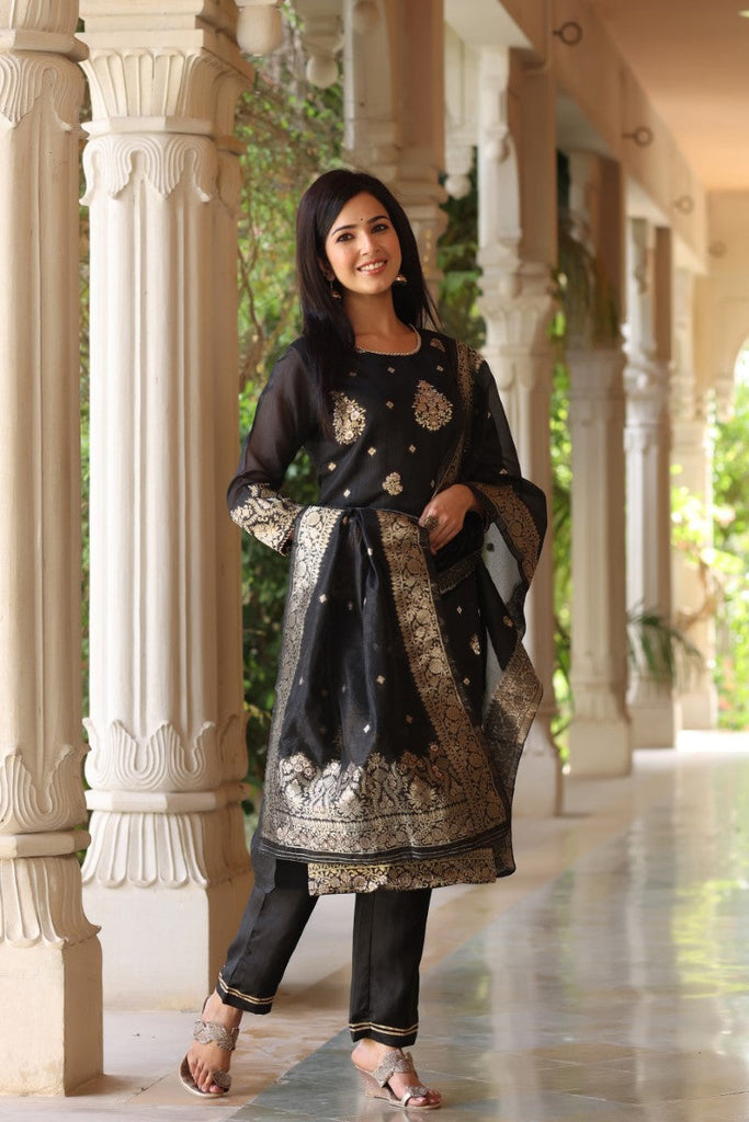 Women's Poly Chanderi Printed Kurta Pant Dupatta Set