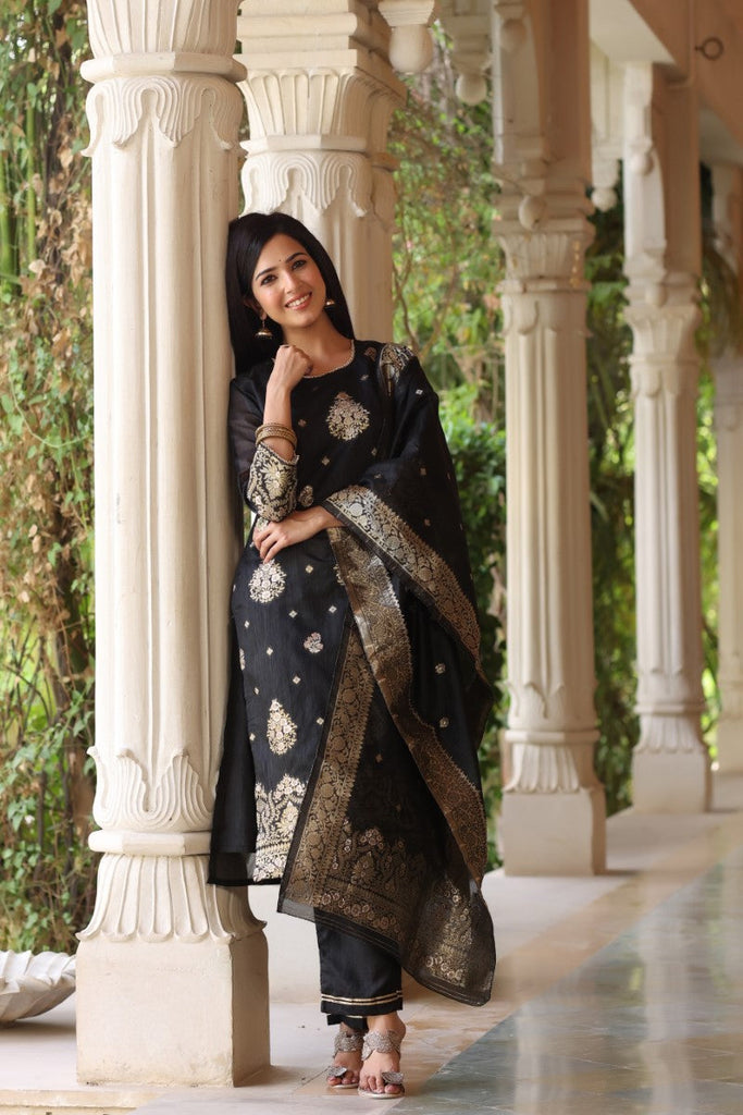 Women's Poly Chanderi Printed Kurta Pant Dupatta Set