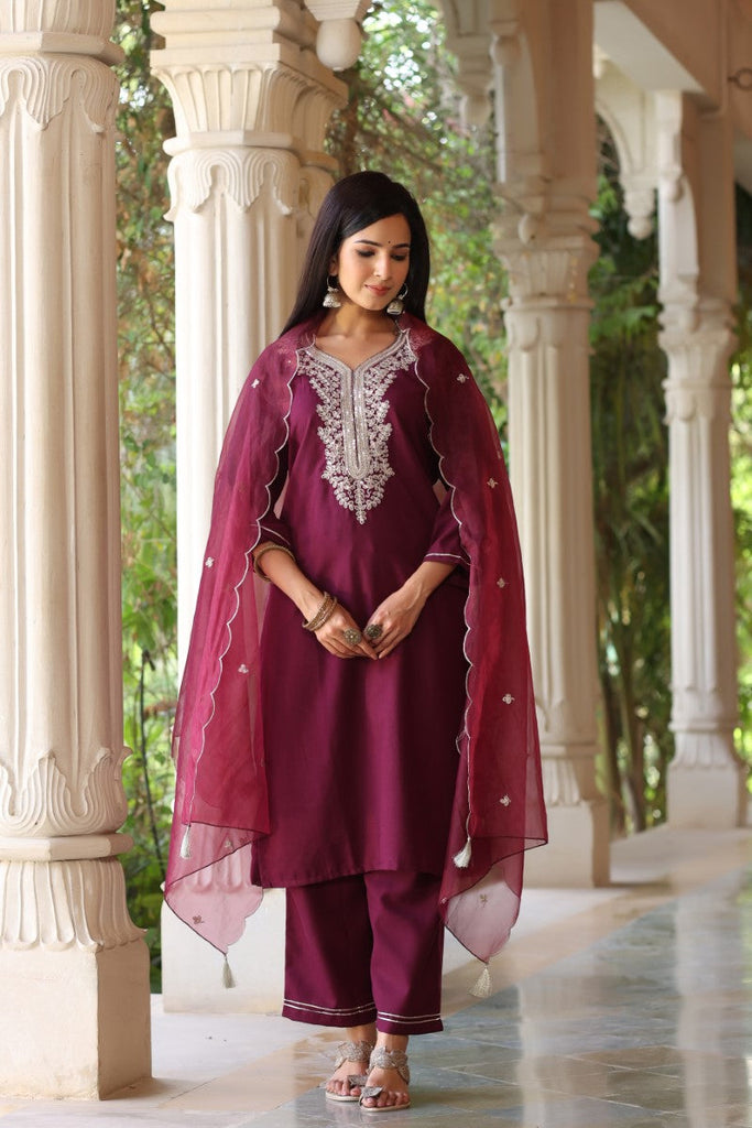 Women's Poly Silk Embroidered Kurta Pants With Dupatta Set