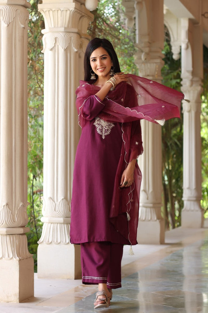 Women's Poly Silk Embroidered Kurta Pants With Dupatta Set