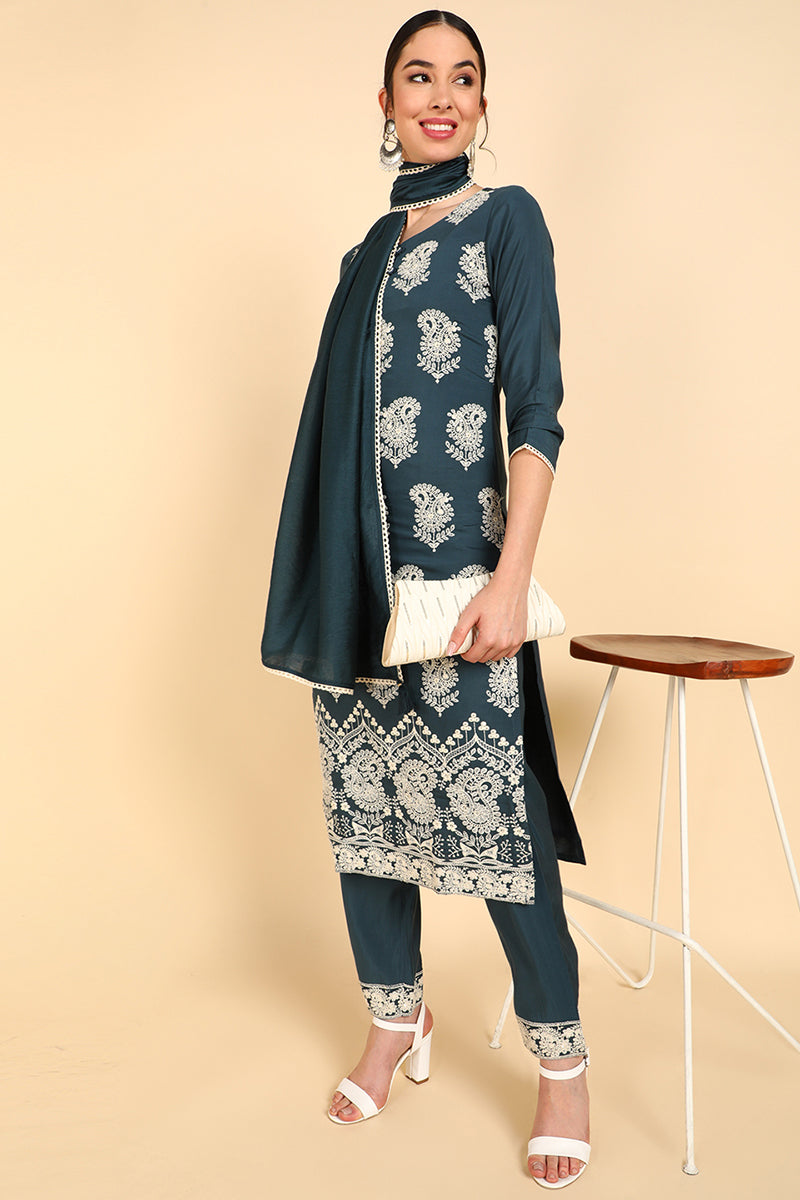 Women's Poly Silk Embroidered Kurta Pants With Dupatta Set  - Ahika