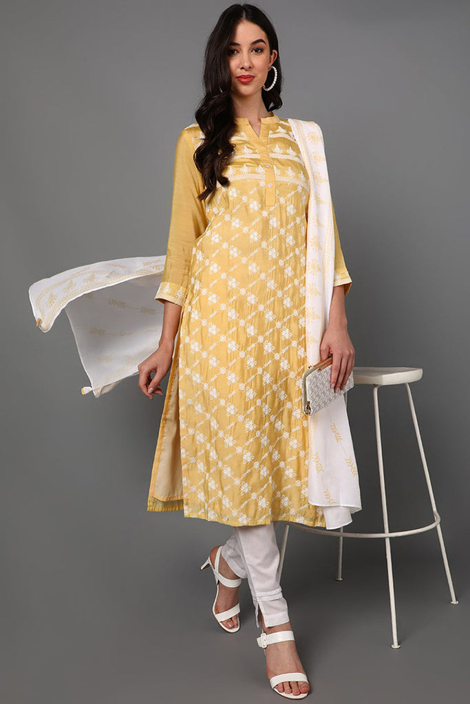 Women's Poly Silk Embroidered Kurta Pants With Dupatta Set