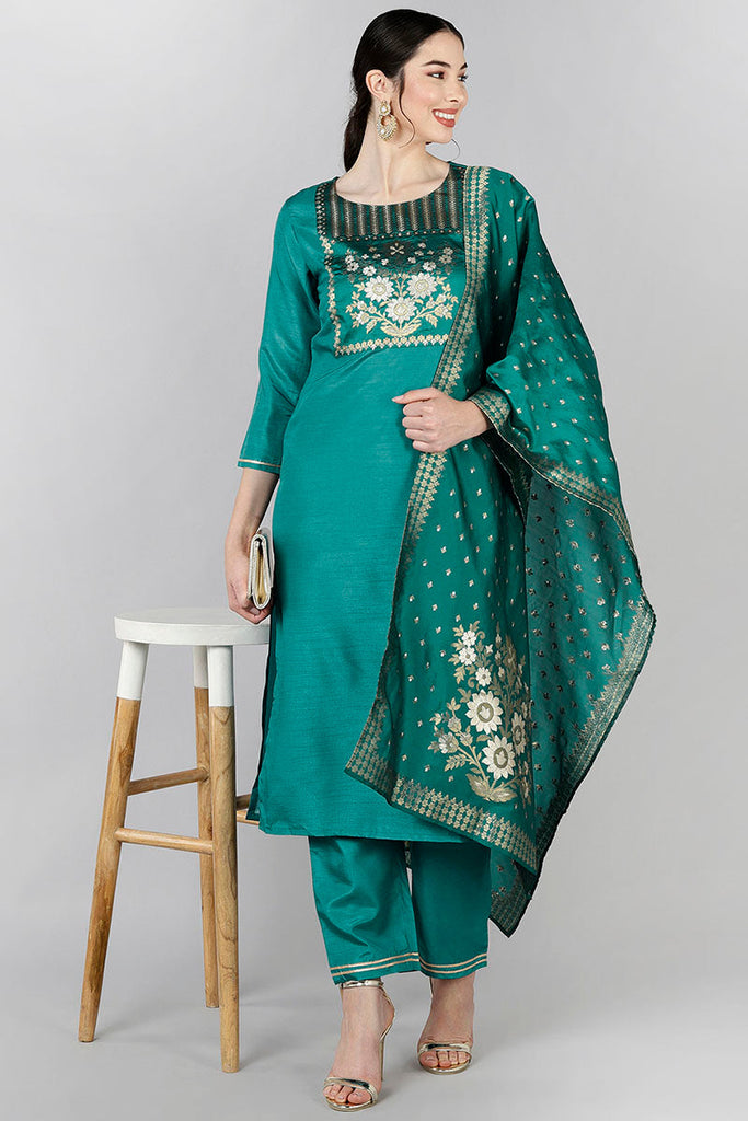 Women's Poly Silk Yoke Design Kurta Pants Dupatta Set