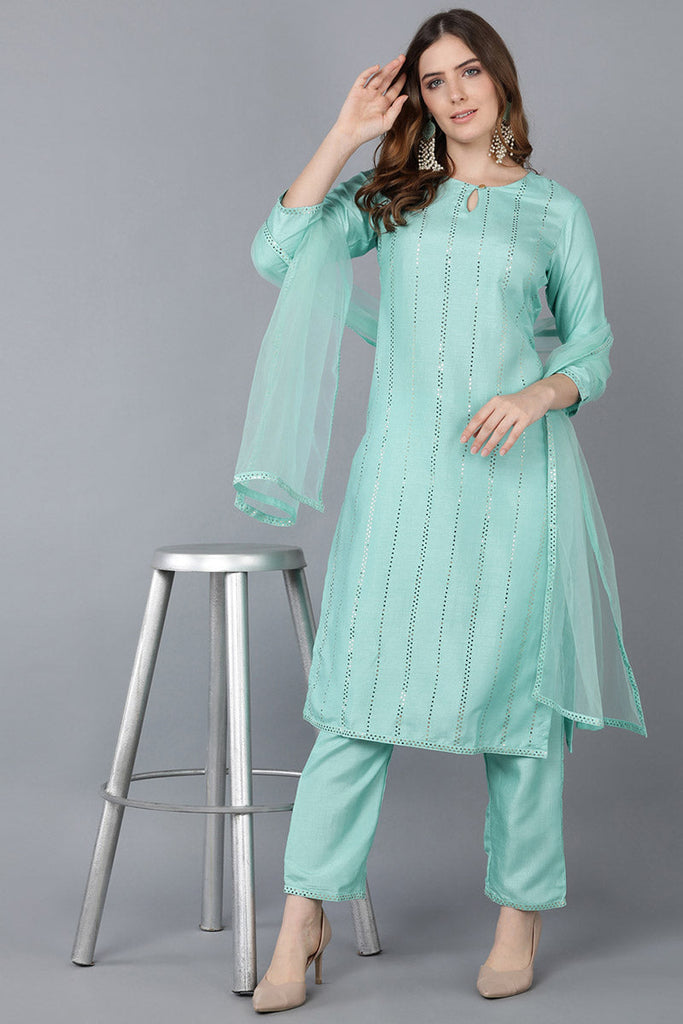 Women's Poly Silk Solid Kurta Pants Dupatta Set