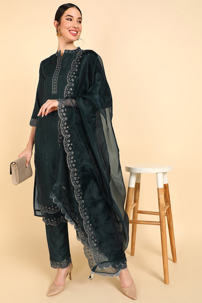 Women's Poly Silk Solid Embroidered Kurta Pants With Dupatta Set