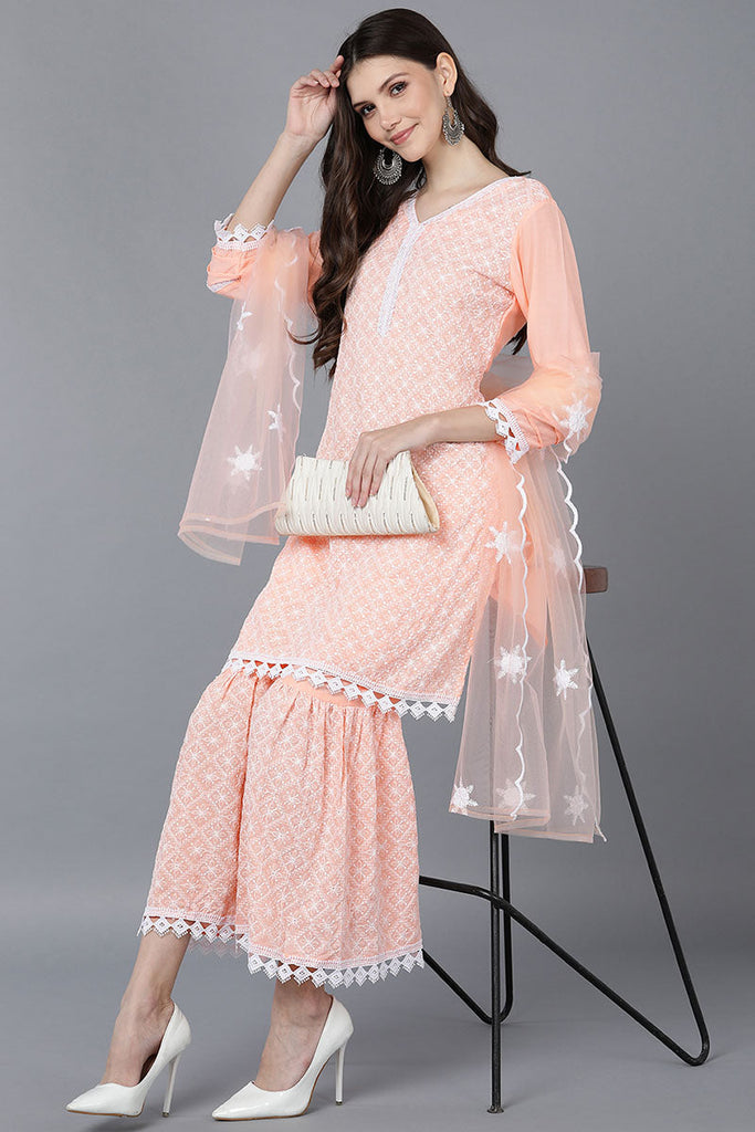 Women's Poly Silk Embroidered Kurta Sharara With Dupatta