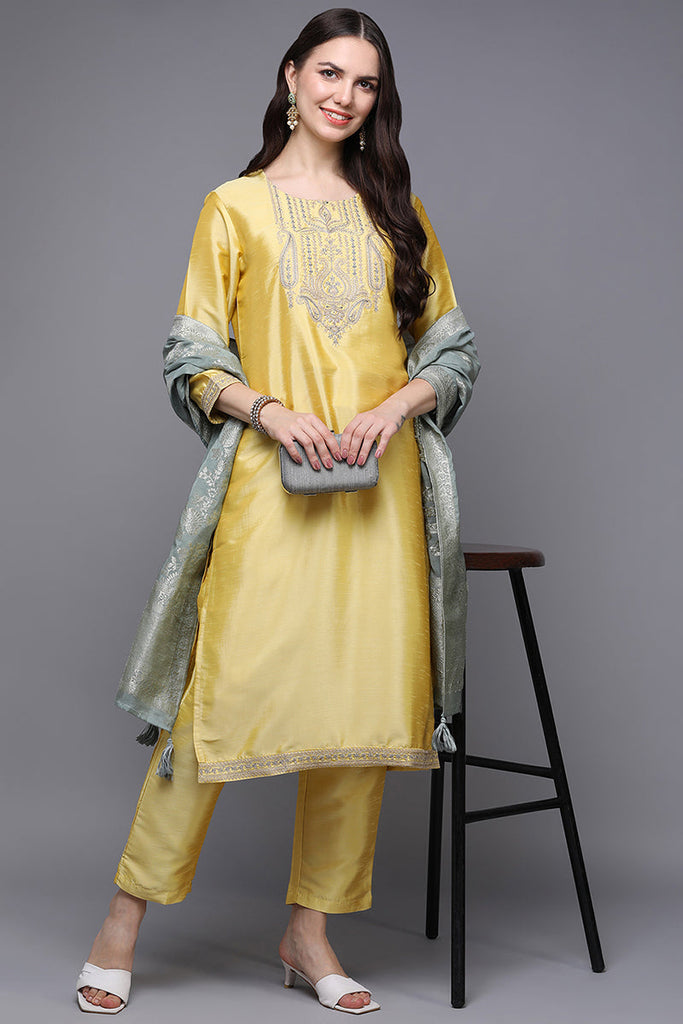 Women's Poly Silk Embroidered Kurta Pant With Dupatta
