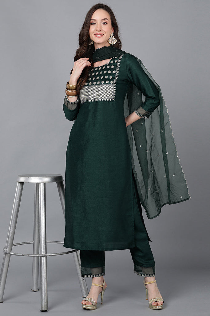 Women's Poly Silk Yoke Design Kurta Pants With Dupatta