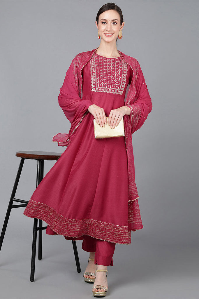 Women's Poly Silk Yoke Design Kurta Pants With Dupatta