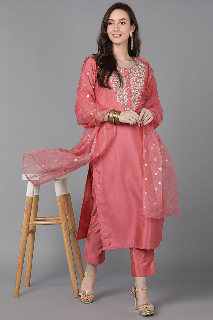 Women's Poly Silk Yoke Design Kurta Pants With Dupatta