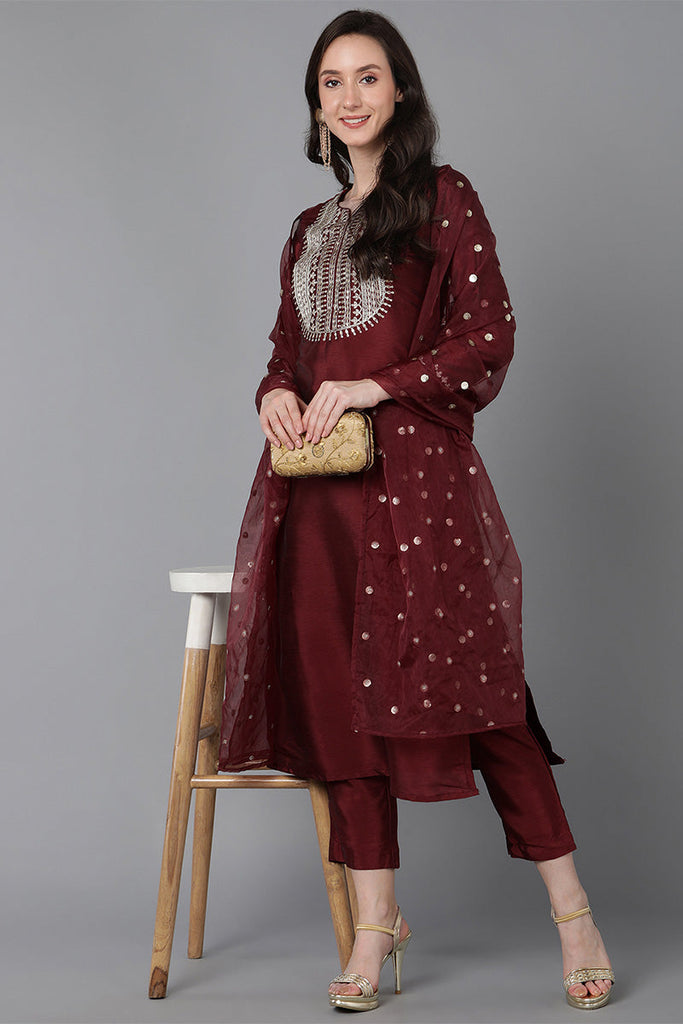 Women's Poly Silk Yoke Design Kurta Pants With Dupatta