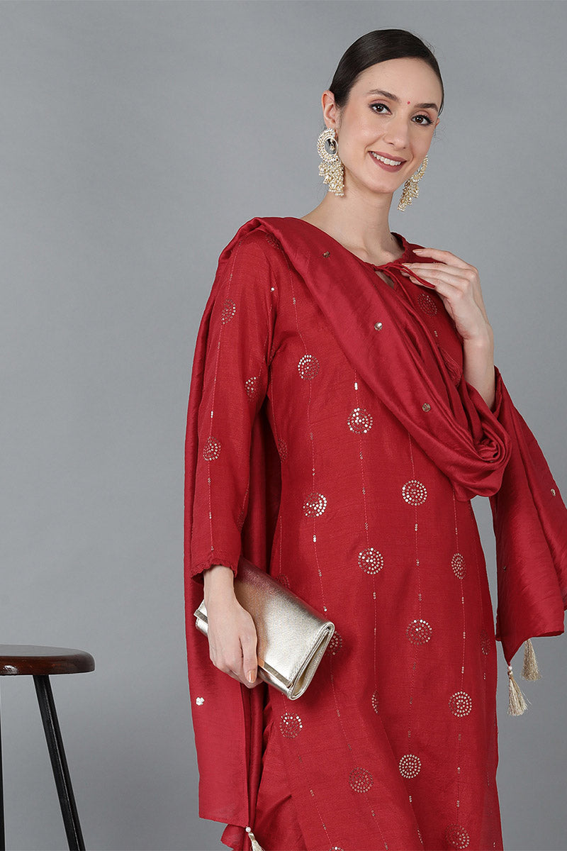 Women's Silk Blend Solid Kurta Pants With Dupatta - Ahika