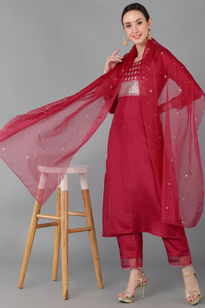 Women's Poly Silk Yoke Design Sequinned Kurta Pants With Dupatta
