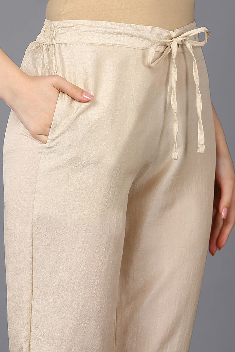 Women's Silk Blend Beige Embroidered Straight Kurta Pant With Dupatta - Ahika
