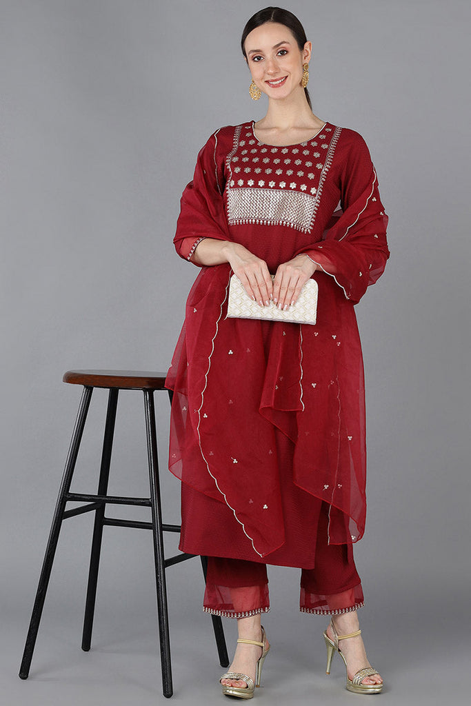 Women's Poly Silk Yoke Design Kurta Pants With Dupatta