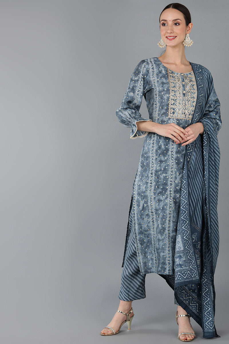 Women's Silk Blend Dyed Embroidered Kurta Pant With Dupatta - Ahika