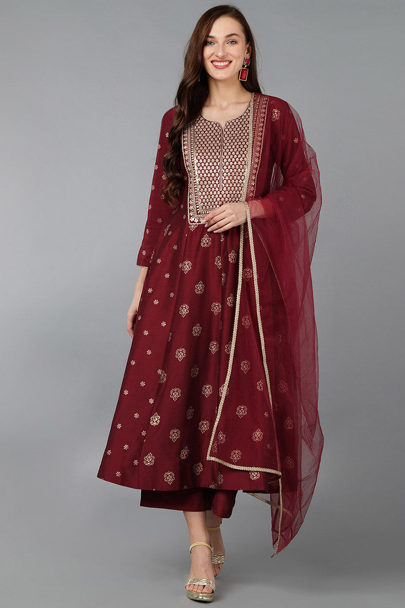 Women's Silk Blend Embroidered Woven Design Kurta Pant With Dupatta - Ahika