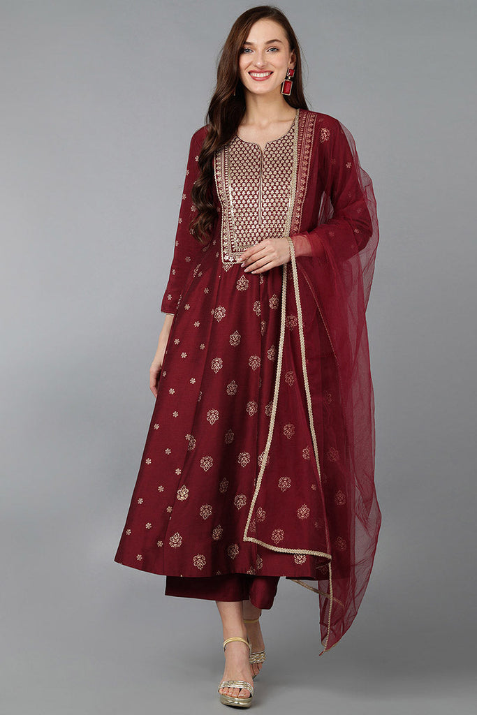 Women's Silk Blend Embroidered Woven Design Kurta Pant With Dupatta